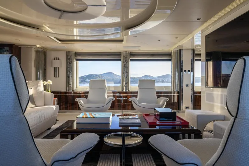 Alfa G Yacht Photos Pics Luxurious yacht interior with modern seating, panoramic windows, and elegant decor, Oceanco 60 Meters, 2004.