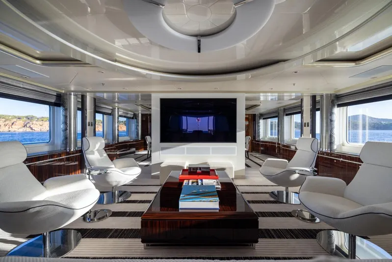 Alfa G Yacht Photos Pics Luxurious yacht interior with modern seating, large windows, and sleek design, Oceanco 60 Meters, 2004.