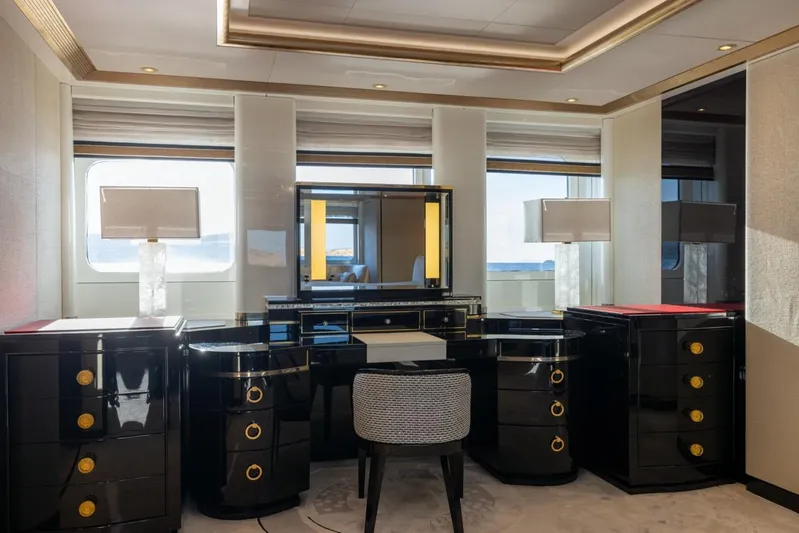 Alfa G Yacht Photos Pics Luxurious yacht interior with elegant black furniture and large windows, Oceanco 60 Meters, 2004.