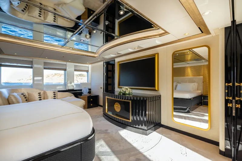 Alfa G Yacht Photos Pics Luxurious yacht interior with elegant decor, large windows, and modern furnishings, Oceanco 60 Meters, 2004.