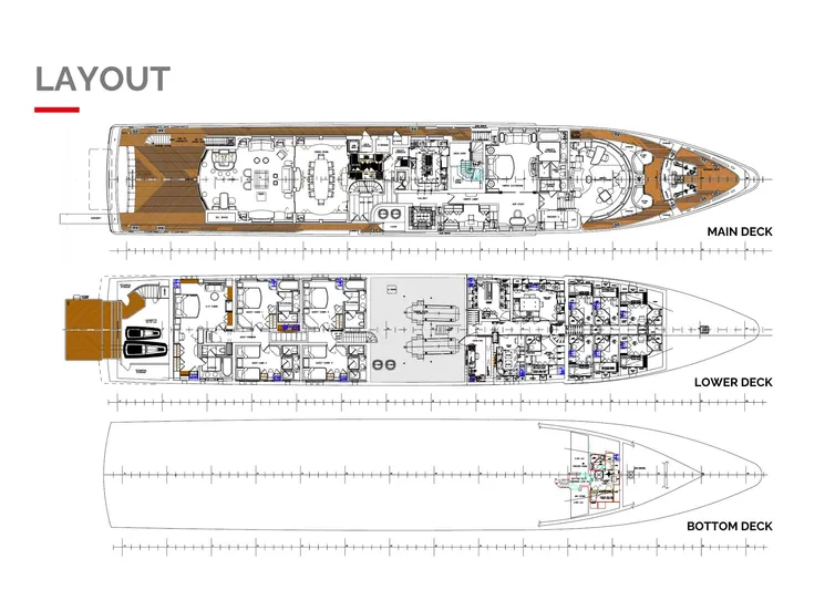 Alfa G Yacht Photos Pics Layout of a 2004 Oceanco 60-meter yacht, showing main, lower, and bottom decks.