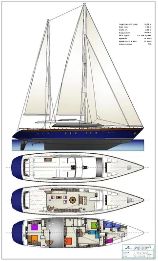 Boobale Yacht Photos Pics Blueprint of 2008 Mengi Yay Motorsailor yacht with detailed deck layouts.