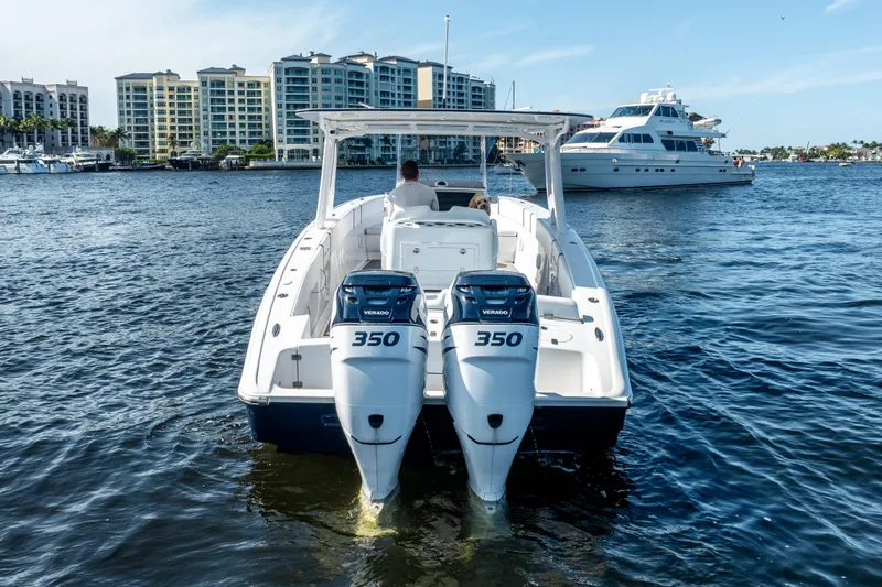  Yacht Photos Pics 2020 Midnight Express 34 Open boat with twin 350 engines on the water.