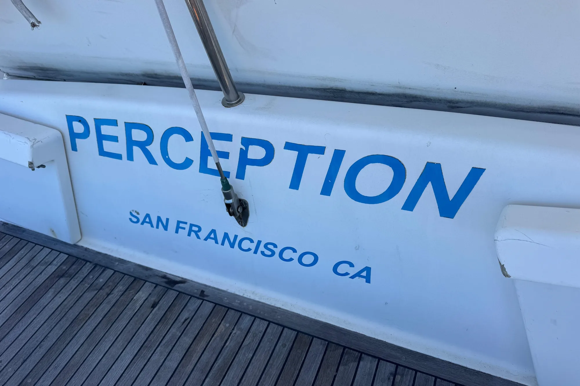 Wauquiez Kronos 1992 sailboat named "Perception" docked in San Francisco, CA.