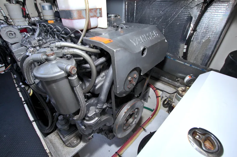 High Hopes Yacht Photos Pics Engine room of 2004 Cruisers Yachts 370 Express with Yanmar engine components.