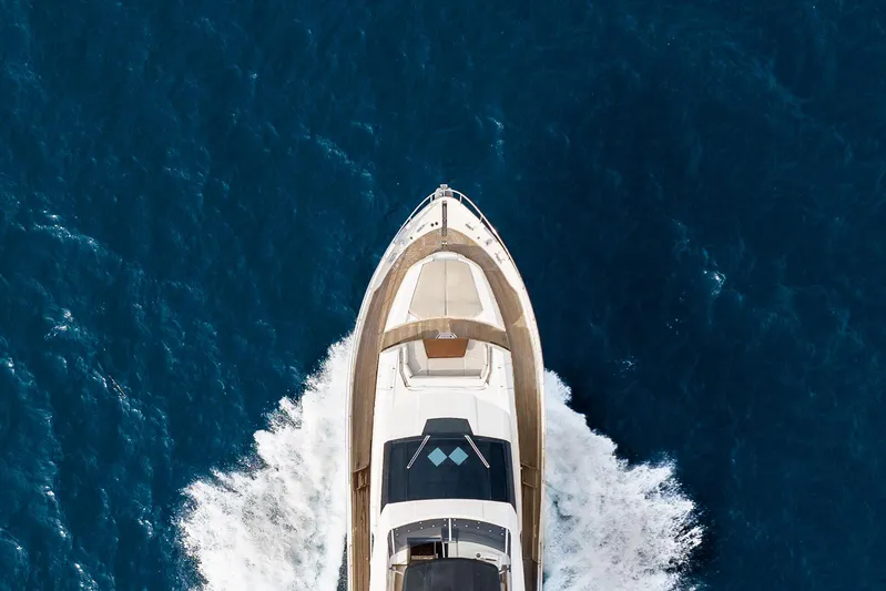 Cecilou Yacht Photos Pics Top view of 2018 Sanlorenzo Cayman Yachts F920 cruising on blue ocean waters.