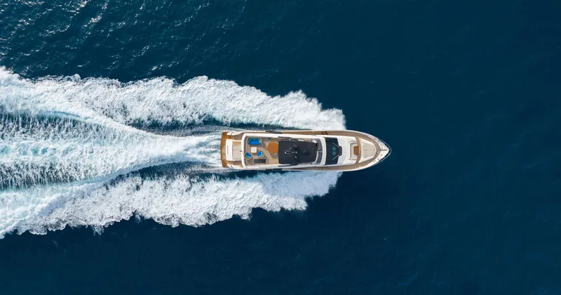 Cecilou Yacht Photos Pics Aerial view of 2018 Sanlorenzo Cayman Yachts F920 cruising on open water.