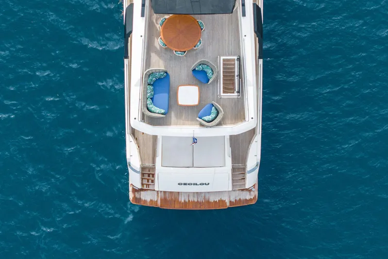 Cecilou Yacht Photos Pics Aerial view of 2018 Sanlorenzo Cayman Yachts F920 on blue water.