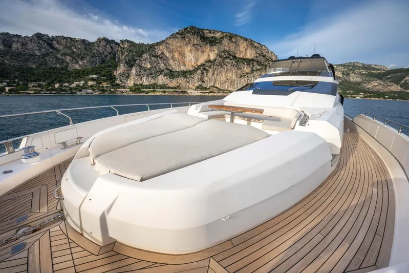 Cecilou Yacht Photos Pics Luxurious 2018 Sanlorenzo Cayman Yachts F920 on scenic water with mountainous backdrop.