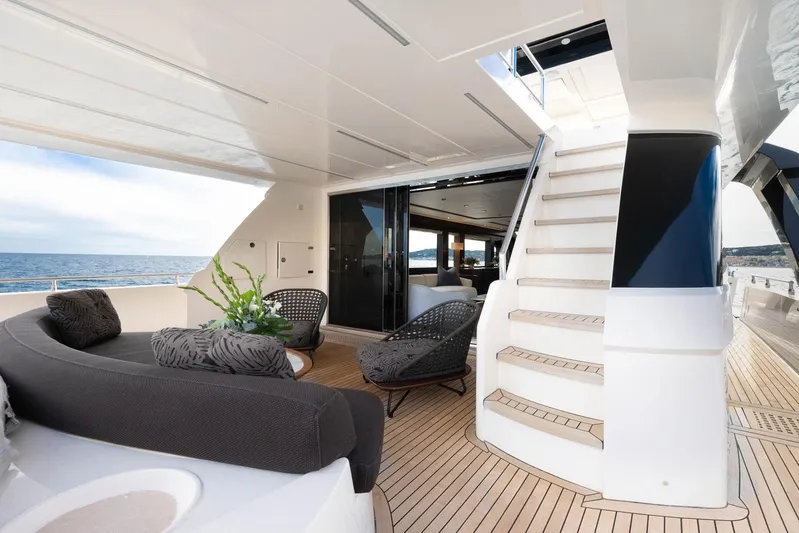Cecilou Yacht Photos Pics Luxurious 2018 Sanlorenzo Cayman Yachts F920 with elegant deck seating and ocean view.