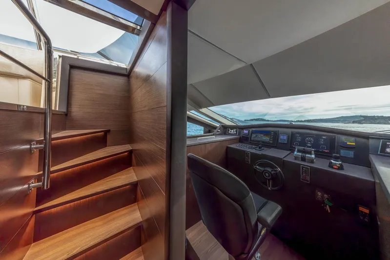 Cecilou Yacht Photos Pics Interior view of 2018 Sanlorenzo Cayman Yachts F920 helm and wooden staircase.