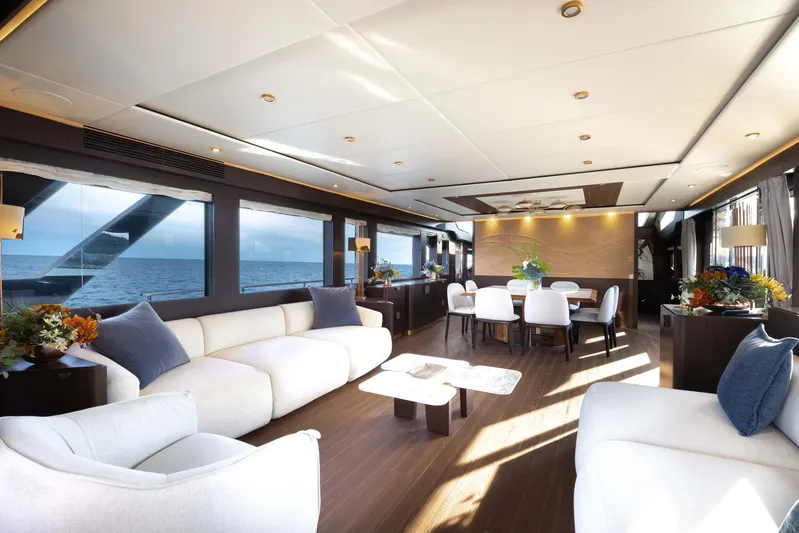 Cecilou Yacht Photos Pics Luxurious interior of 2018 Sanlorenzo Cayman Yachts F920 with ocean view and elegant furnishings.