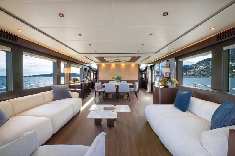 Cecilou Yacht Photos Pics Luxurious interior of 2018 Sanlorenzo Cayman Yachts F920 with elegant seating and scenic views.