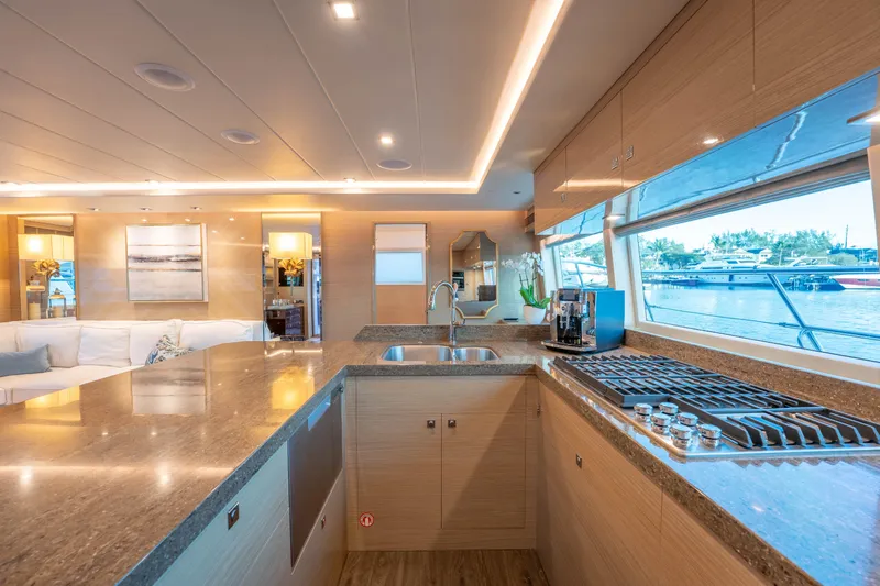Homarus Yacht Photos Pics Luxurious Horizon yacht kitchen interior with modern appliances and waterfront view, 2021 model.