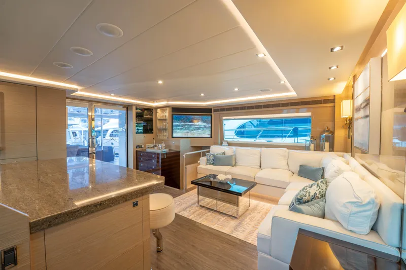 Homarus Yacht Photos Pics Luxurious 2021 Horizon yacht interior with modern decor and spacious seating area.