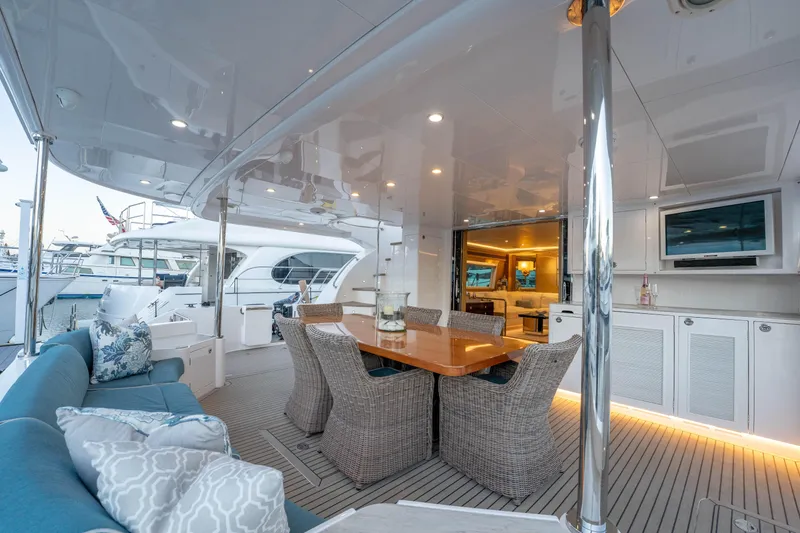 Homarus Yacht Photos Pics Luxurious 2021 Horizon yacht deck with elegant seating, dining area, and modern amenities.