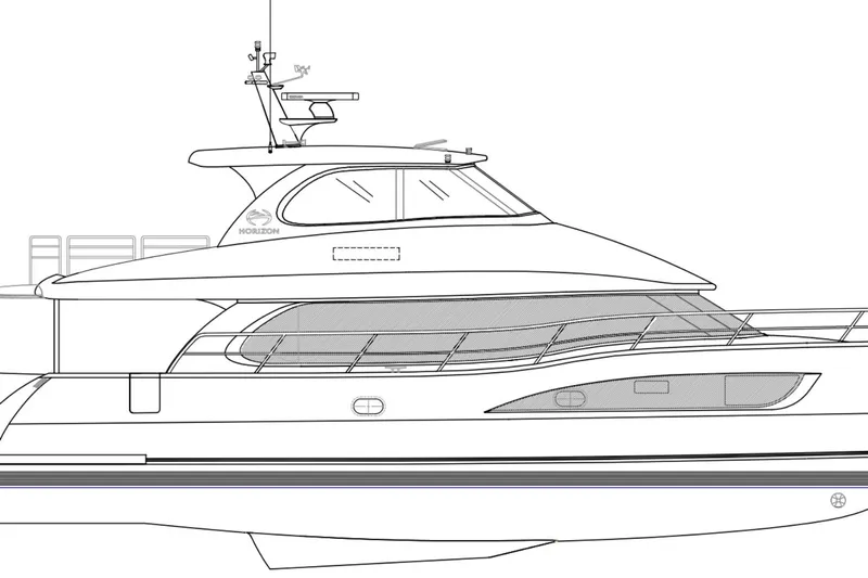 Homarus Yacht Photos Pics Line drawing of a 2021 Horizon yacht, showcasing sleek design and modern features.