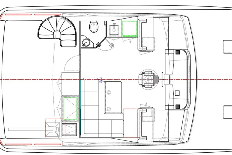Homarus Yacht Photos Pics Floor plan of a 2021 Horizon yacht interior layout with seating and amenities.