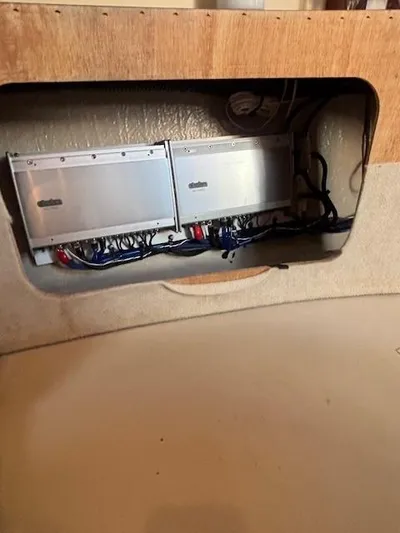 2 Spicy Yacht Photos Pics Electrical components inside a 2003 Sea Ray 380 Sundancer boat compartment.