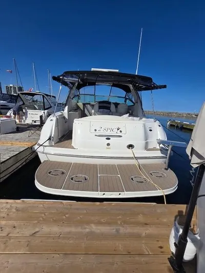 2 Spicy Yacht Photos Pics 2003 Sea Ray 380 Sundancer docked at marina, rear view with clear blue sky.