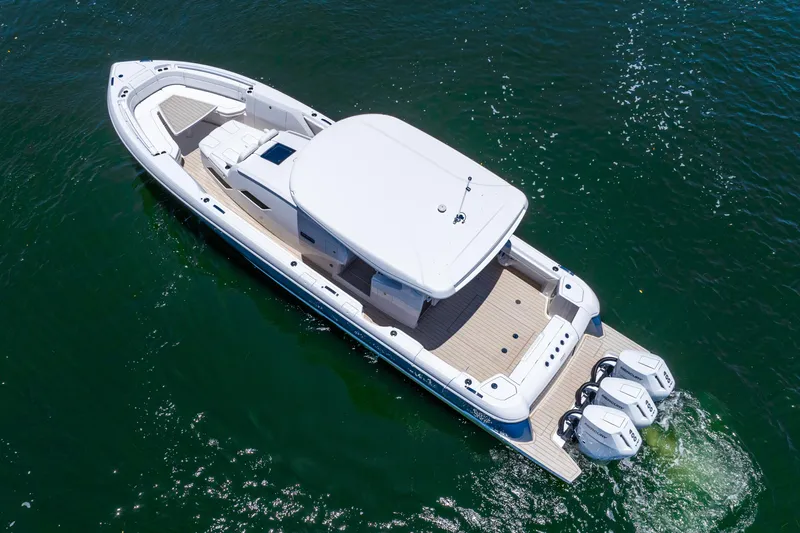  Yacht Photos Pics 2025 Intrepid 41 Panacea boat on water, aerial view.