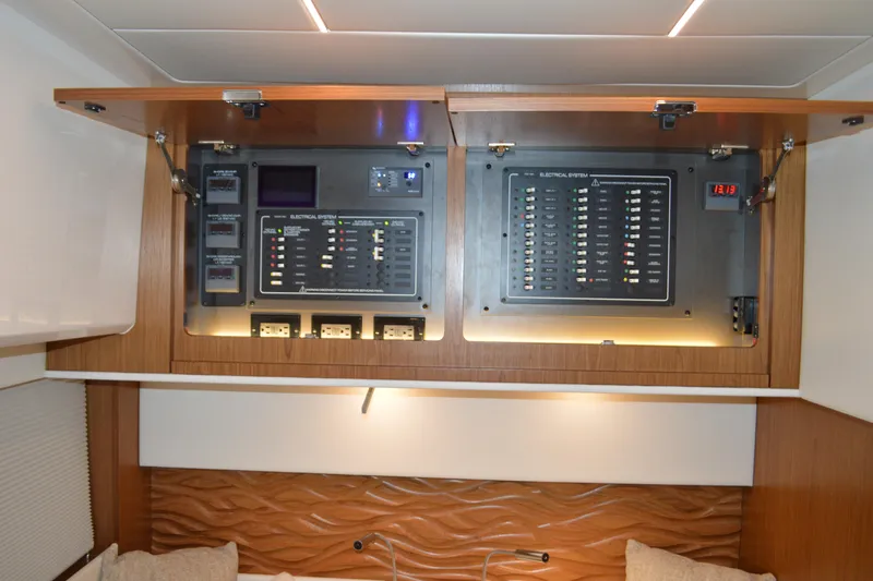 Jack's Boat Yacht Photos Pics Electrical panel inside 2024 Tiara Yachts EX 60, featuring modern control systems.