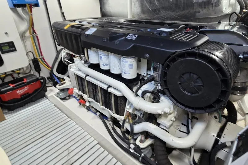 Jack's Boat Yacht Photos Pics Engine room of 2024 Tiara Yachts EX 60, showcasing advanced marine engine components.