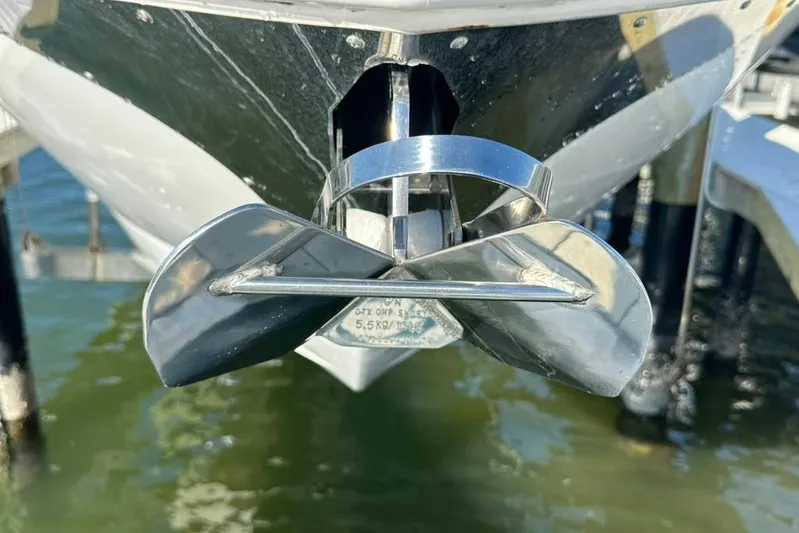  Yacht Photos Pics 2019 Regal 29 OBX boat anchor detail in marina setting.