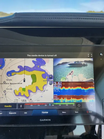 Dilligaf Yacht Photos Pics Garmin marine display on 2020 Regal 38 XO showing navigation and sonar data.