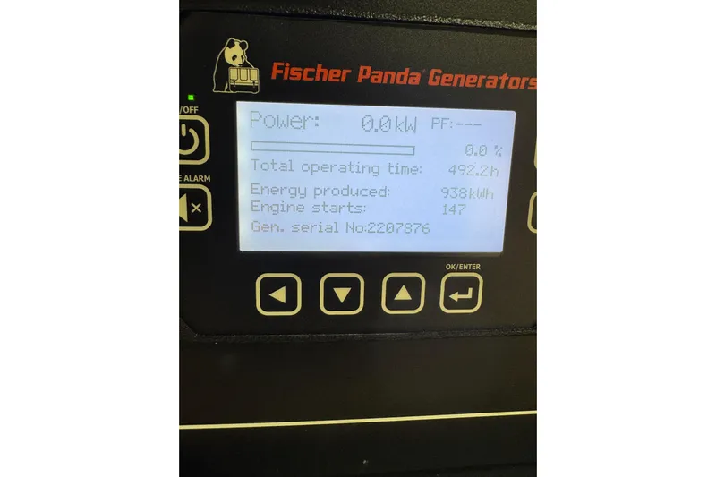  Yacht Photos Pics Fischer Panda generator display showing power, operating time, and energy produced. Scout 425 LXF 2024.