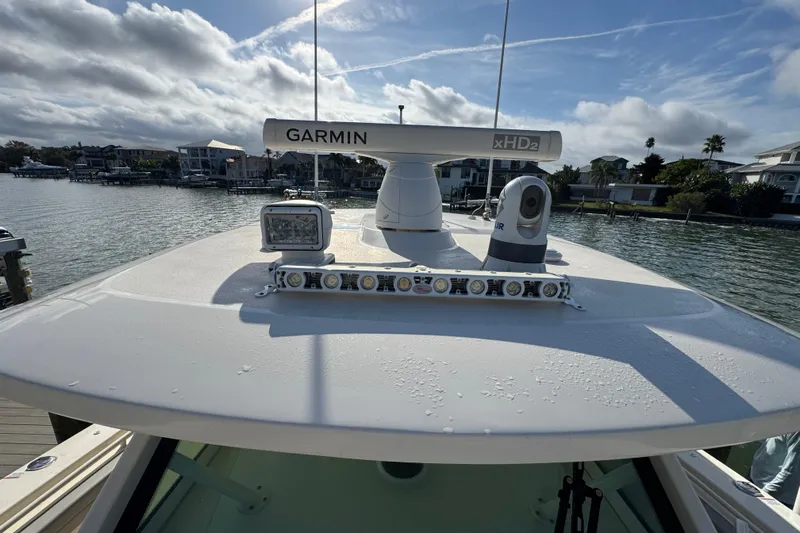  Yacht Photos Pics 2024 Scout 425 LXF boat with Garmin radar and FLIR camera on deck.