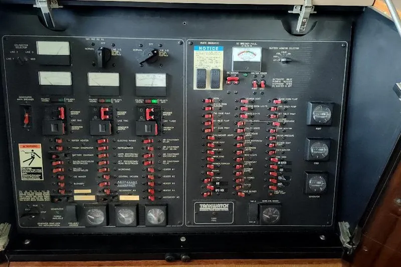 Epic Yacht Photos Pics Control panel of a 1998 Bayliner 4788 Pilot House Motoryacht, featuring switches and gauges.