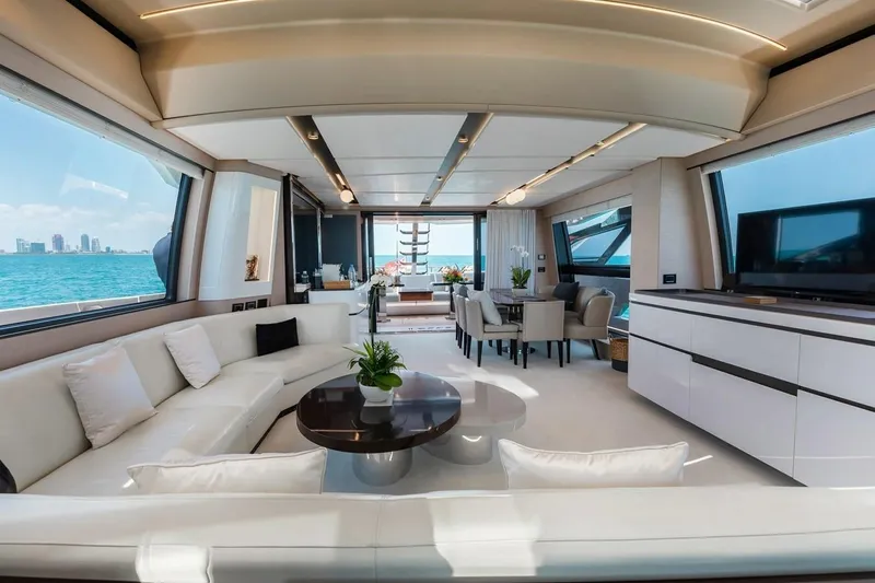 Lance West Yacht Photos Pics Luxurious interior of 2022 Azimut S10 yacht with elegant seating and ocean view.