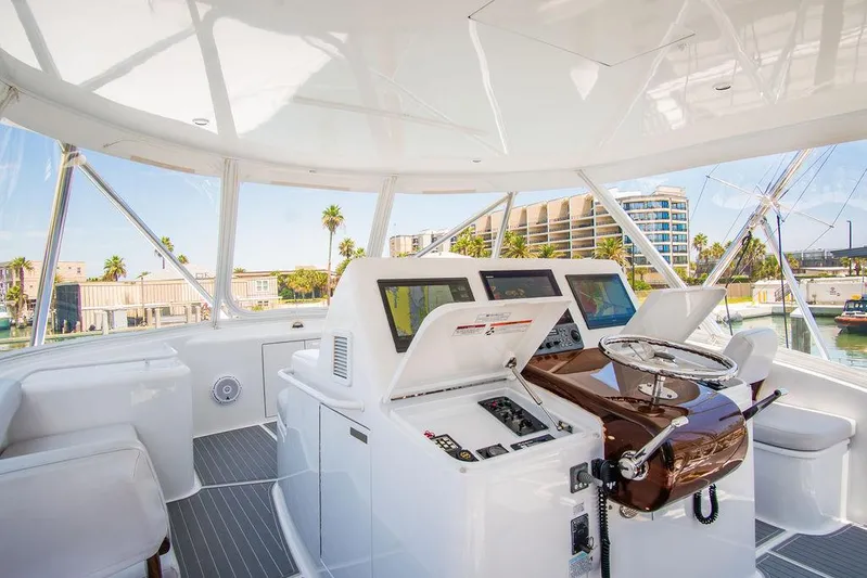Sashimi Yacht Photos Pics Interior view of 2014 Hatteras 63 GT yacht helm with modern controls and panoramic windows.
