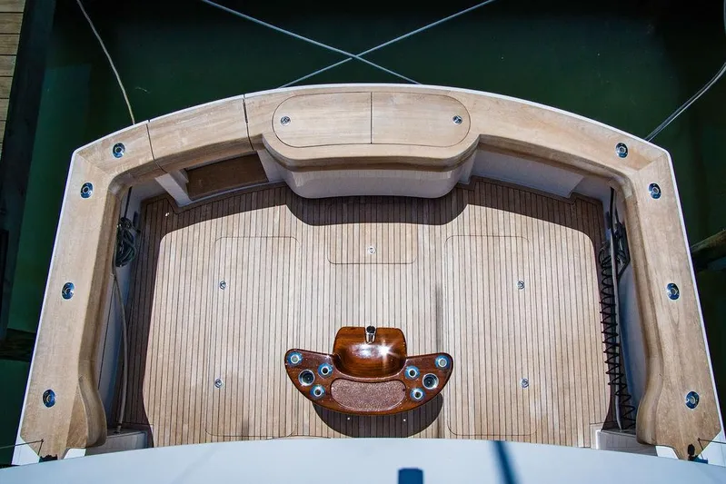 Sashimi Yacht Photos Pics Aerial view of 2014 Hatteras 63 GT yacht deck with wood finish.