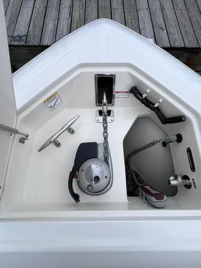  Yacht Photos Pics 2018 Boston Whaler 350 Outrage anchor compartment with chain and cleat.