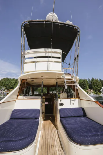 Mm Yacht Photos Pics San Juan SJ40FB IPS 2010 yacht with blue cushions and upper deck, docked under clear sky.