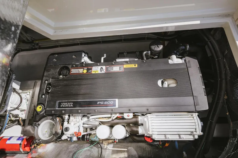 Mm Yacht Photos Pics Engine compartment of a 2010 San Juan SJ40FB IPS boat, featuring a Volvo Penta engine.