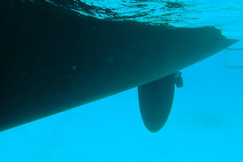 Refaire Yacht Photos Pics Underwater view of 2016 Fountaine Pajot Lucia 40 catamaran hull and rudder.