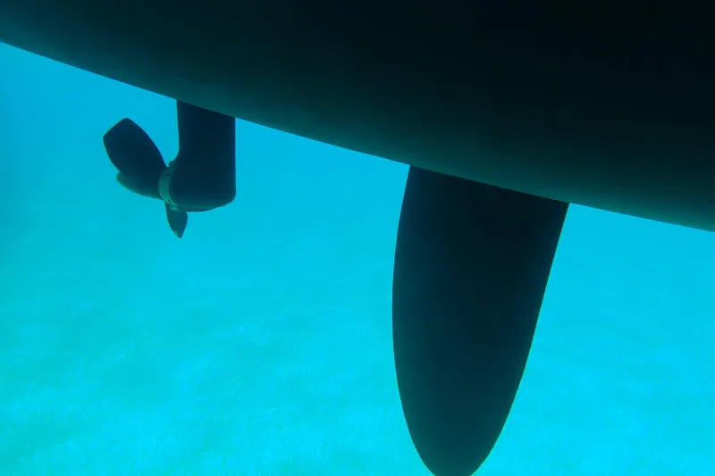 Refaire Yacht Photos Pics Underwater view of 2016 Fountaine Pajot Lucia 40 catamaran's propeller and rudder.