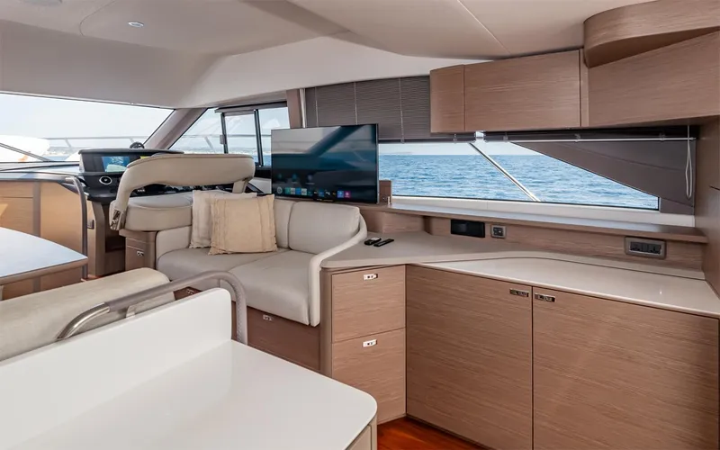  Yacht Photos Pics Luxurious interior of 2023 Princess 45 yacht with modern furnishings and ocean view.
