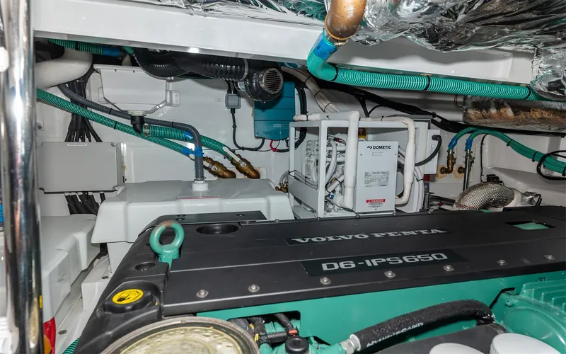  Yacht Photos Pics Engine room of 2023 Princess 45 yacht featuring Volvo Penta D6-IPS650 engine.