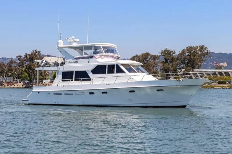 Ds Gatos Yacht Photos Pics White 1999 Symbol 558 yacht cruising on a calm waterway with trees in the background.