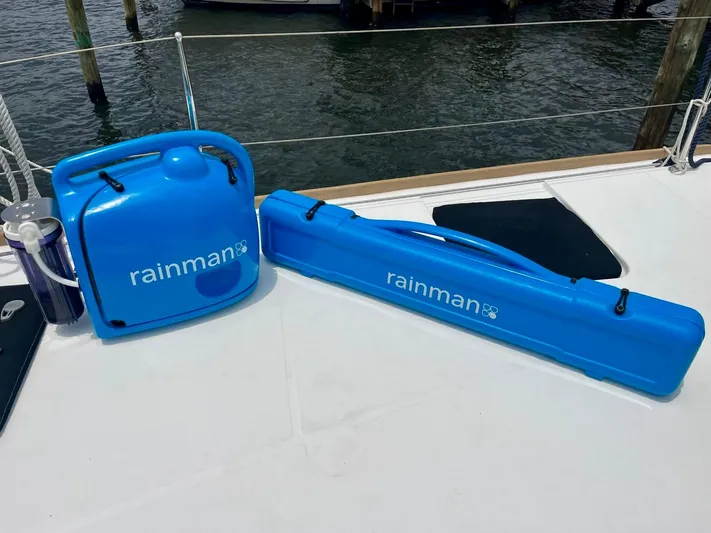 Sun Bums Yacht Photos Pics Blue Rainman watermaker equipment on a 2017 Lagoon 39 catamaran deck.