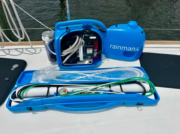 Sun Bums Yacht Photos Pics Portable Rainman watermaker on a 2017 Lagoon 39 catamaran deck.