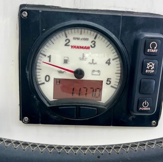 Sun Bums Yacht Photos Pics Yanmar engine tachometer on a 2017 Lagoon 39, displaying 1170 hours.