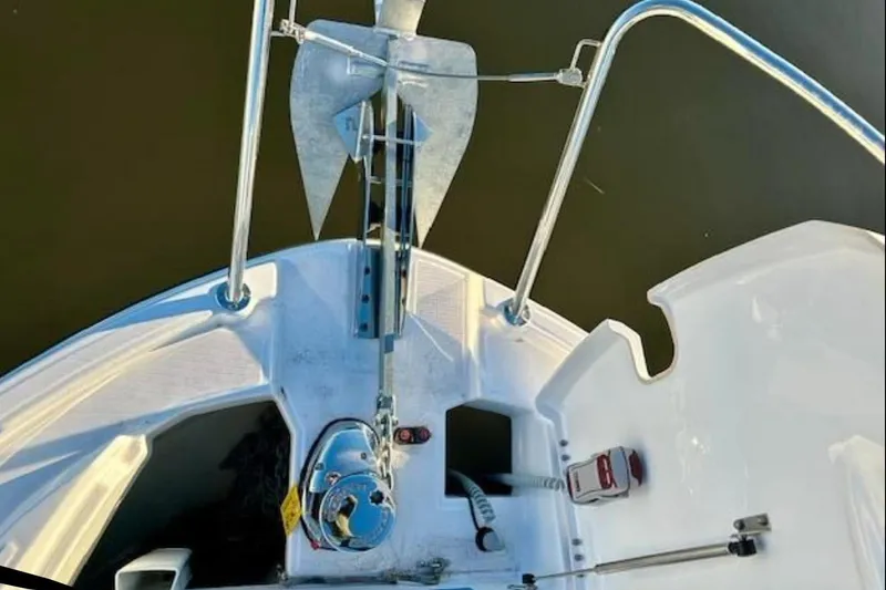  Yacht Photos Pics Bow view of 2024 Beneteau Antares 9 with anchor and railing details.