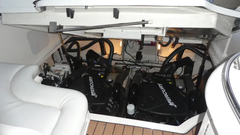  Yacht Photos Pics Engine compartment of 2007 Sea Ray 340 Sundancer with twin Mercury engines.