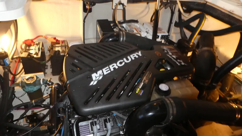  Yacht Photos Pics Engine compartment of 2007 Sea Ray 340 Sundancer with Mercury engine.