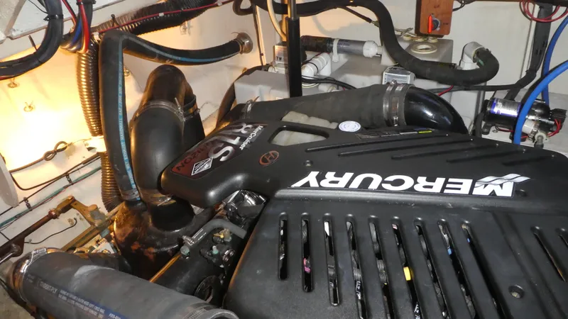  Yacht Photos Pics Engine compartment of a 2007 Sea Ray 340 Sundancer with a Mercury engine.